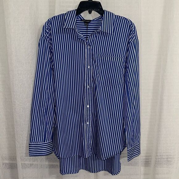 Modern Works XL White Blue Vertical Stripe Collared Button Down Long Sleeve - Picture 1 of 16